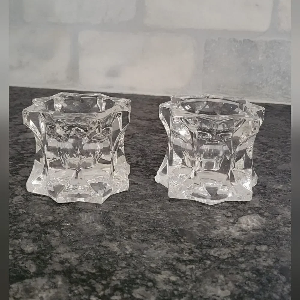 NWT Mikasa Sparkling Star Crystal Candle Holders Taper Tea Light Votive Set of 2